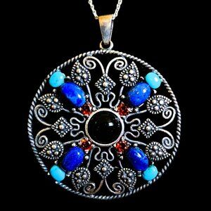 Vintage Sterling Silver Large Multi-Gemstone Balinese Pendant Necklace Bohemian